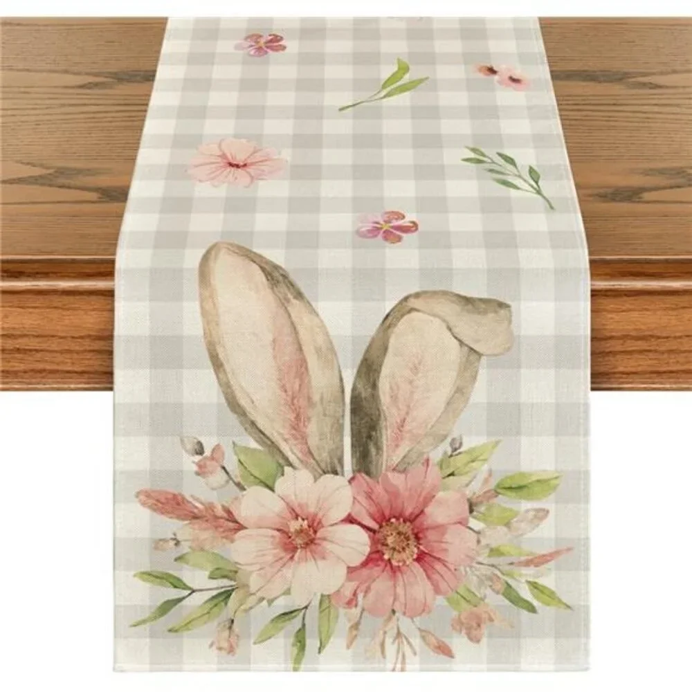 Buffalo Plaid Bunny Rabbit Ears Flower Easter Table Runner, Spring
